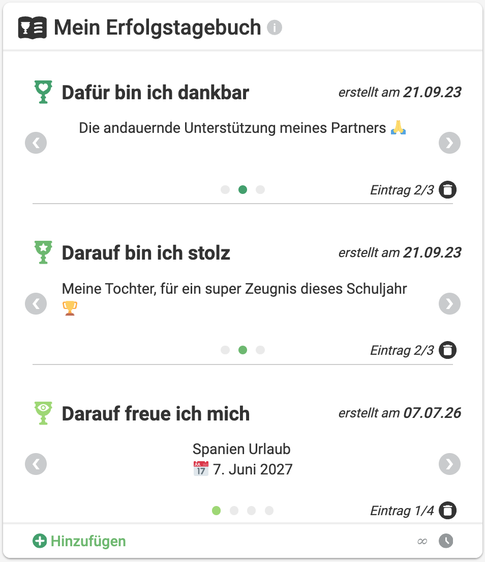 Dashboard-Kachel: Mein Erfolgstagebuch